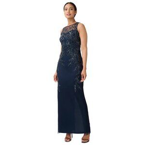 Adrianna Papell Petite Beaded Sleeveless Long Sheath Gown Midnight Size 14P